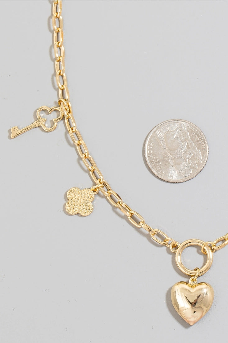 Clover Heart & Key Charm Necklace