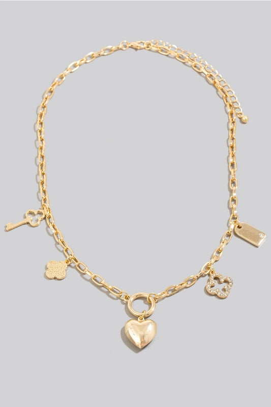 Clover Heart & Key Charm Necklace